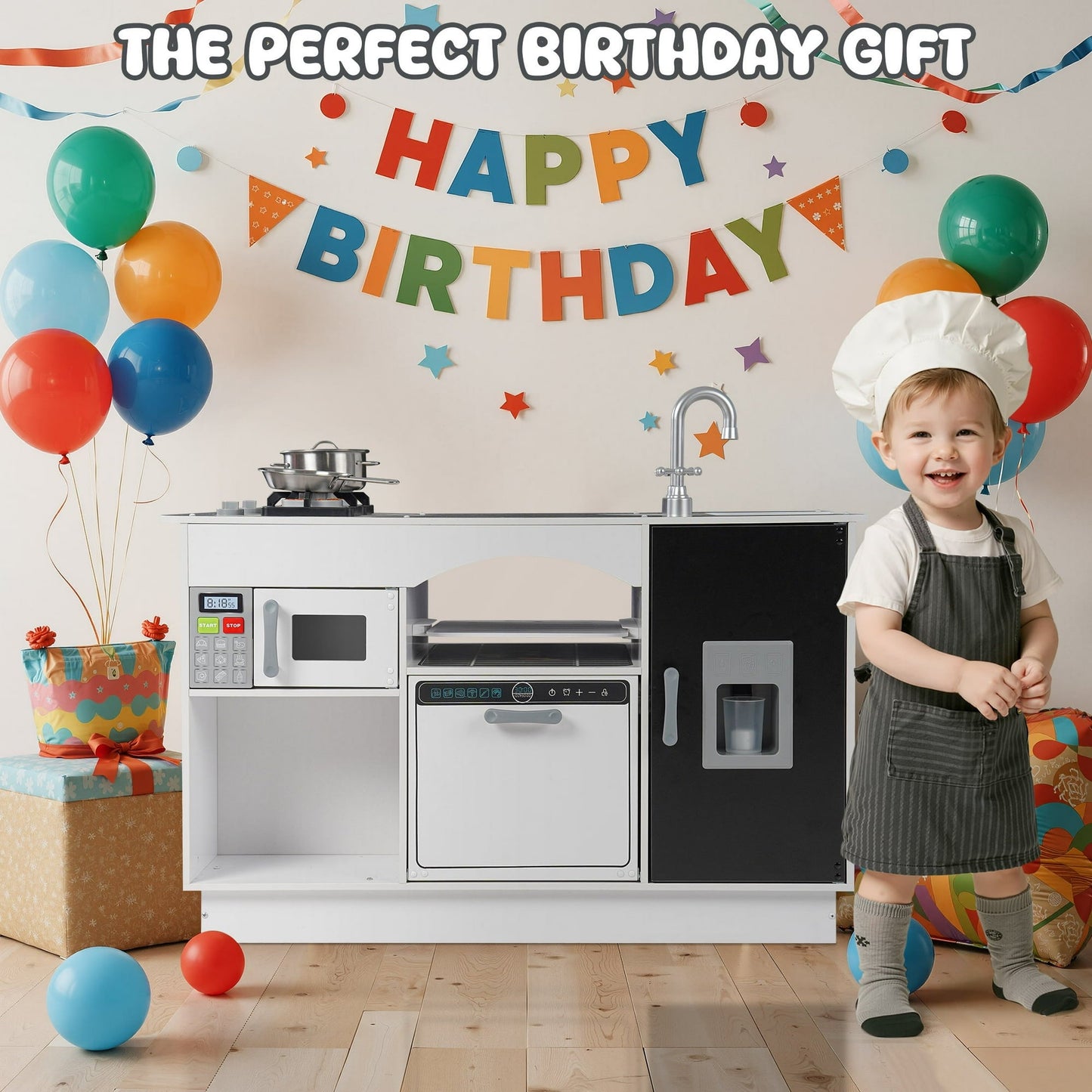 COCLUB Modern Wooden Play Kitchen Island for Kids, Pretend Play Center w/ Electronic Light & Sound Effects, Kids Kitchen Playset | Microwave, Washer, Ice Maker, Chalkboard & Accessories Included