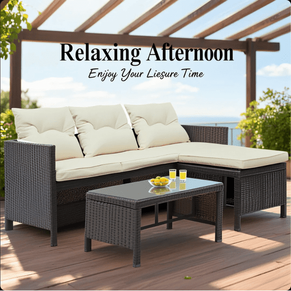 3 PCS Patio Sectional Sofa Conversation Set, All Weather Rattan Patio Furniture Set, Brown Outdoor Chaise Lounge Set with Cushion and Table, Deck Backyard Porch Furniture