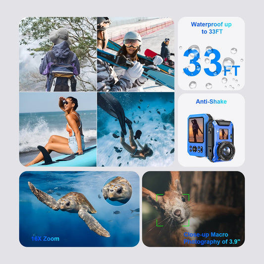 SEREE 4K 64MP 33FT UHD Underwater Camera for Snorkeling Dual-Screen Compact Waterproof Dustproof Floatable Autofocus Camera with 32GB Card Blue