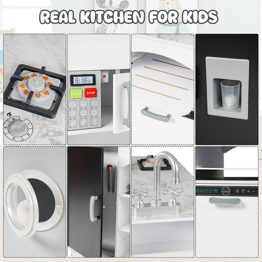 COCLUB Modern Wooden Play Kitchen Island for Kids, Pretend Play Center w/ Electronic Light & Sound Effects, Kids Kitchen Playset | Microwave, Washer, Ice Maker, Chalkboard & Accessories Included