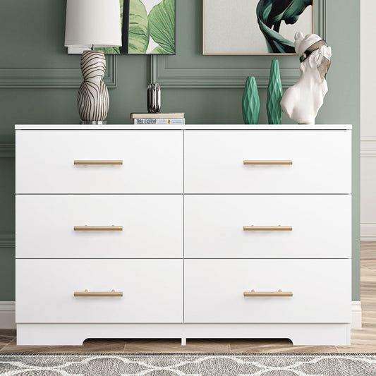 White 6 Drawer Dresser Organizer for Bedroom, Wood Large Storage Drawers, Modern Wide Chest of Drawers with Golden Handle for Living Room Entry Hallway Furniture
