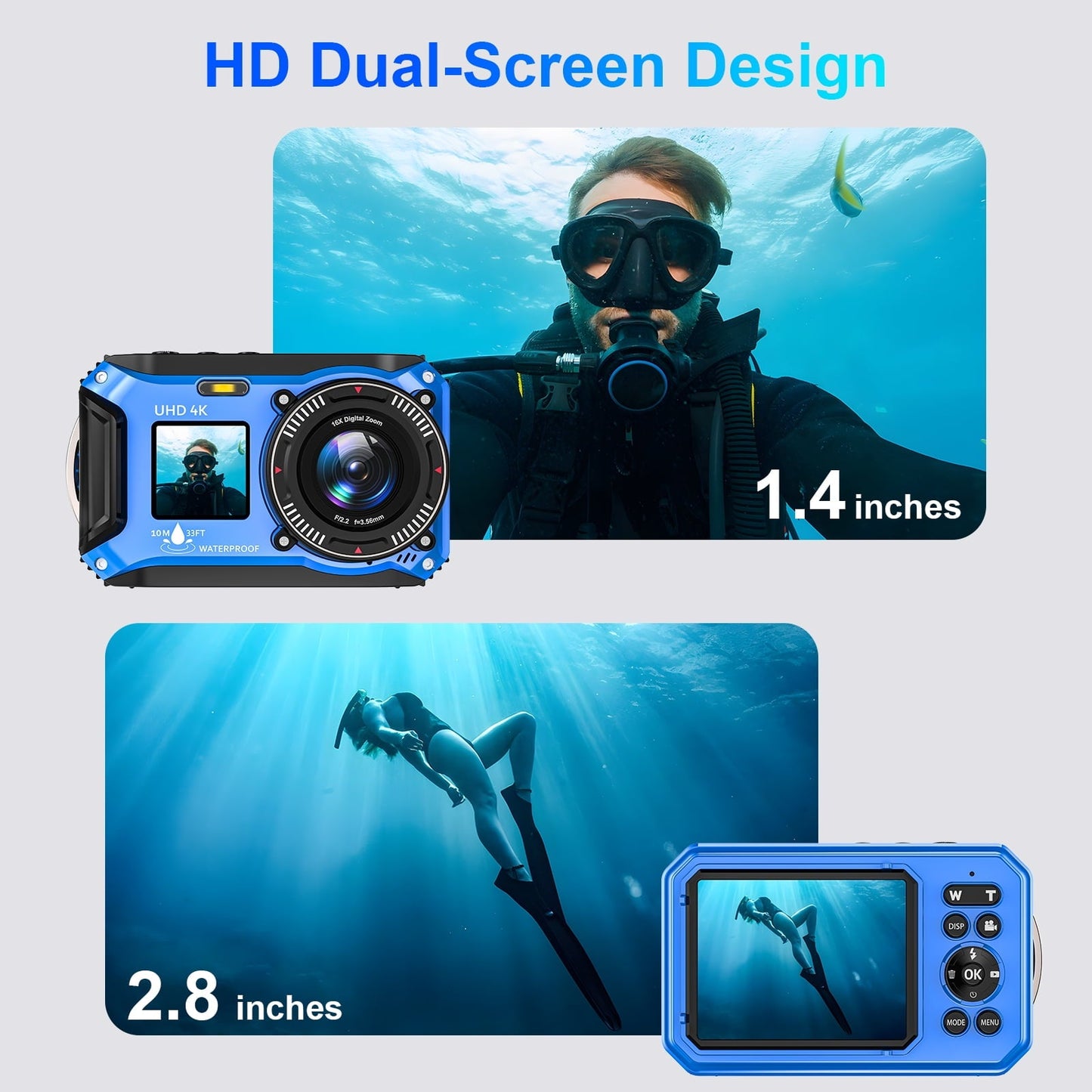 SEREE 4K 64MP 33FT UHD Underwater Camera for Snorkeling Dual-Screen Compact Waterproof Dustproof Floatable Autofocus Camera with 32GB Card Blue