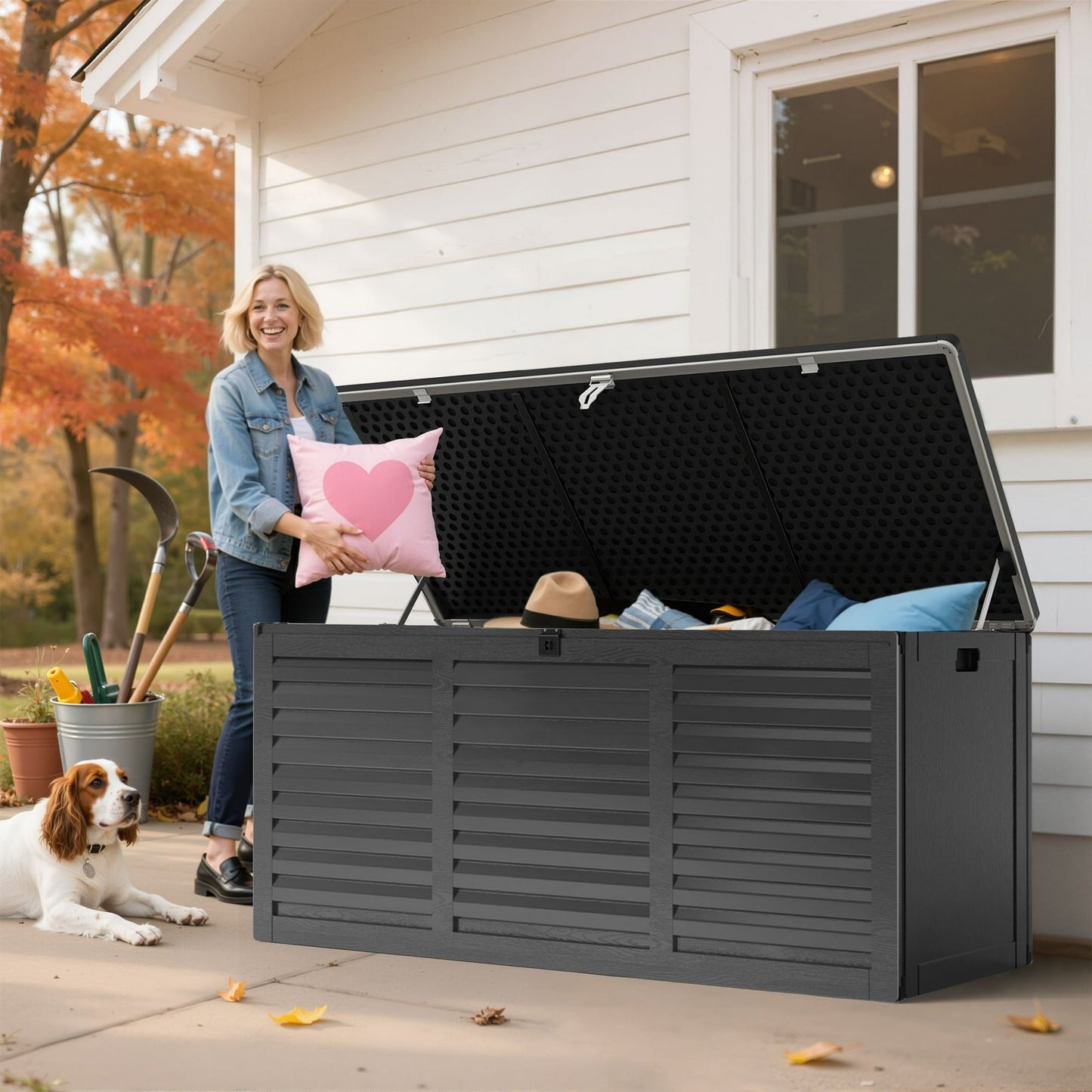 Seizeen 130 Gallon Outdoor Storage Box, Resin Deck Box, Waterproof Large Patio Lockable Deck Box for Outside Cushions, Pool Accessories, Throw Pillows, Garden Tools, Black