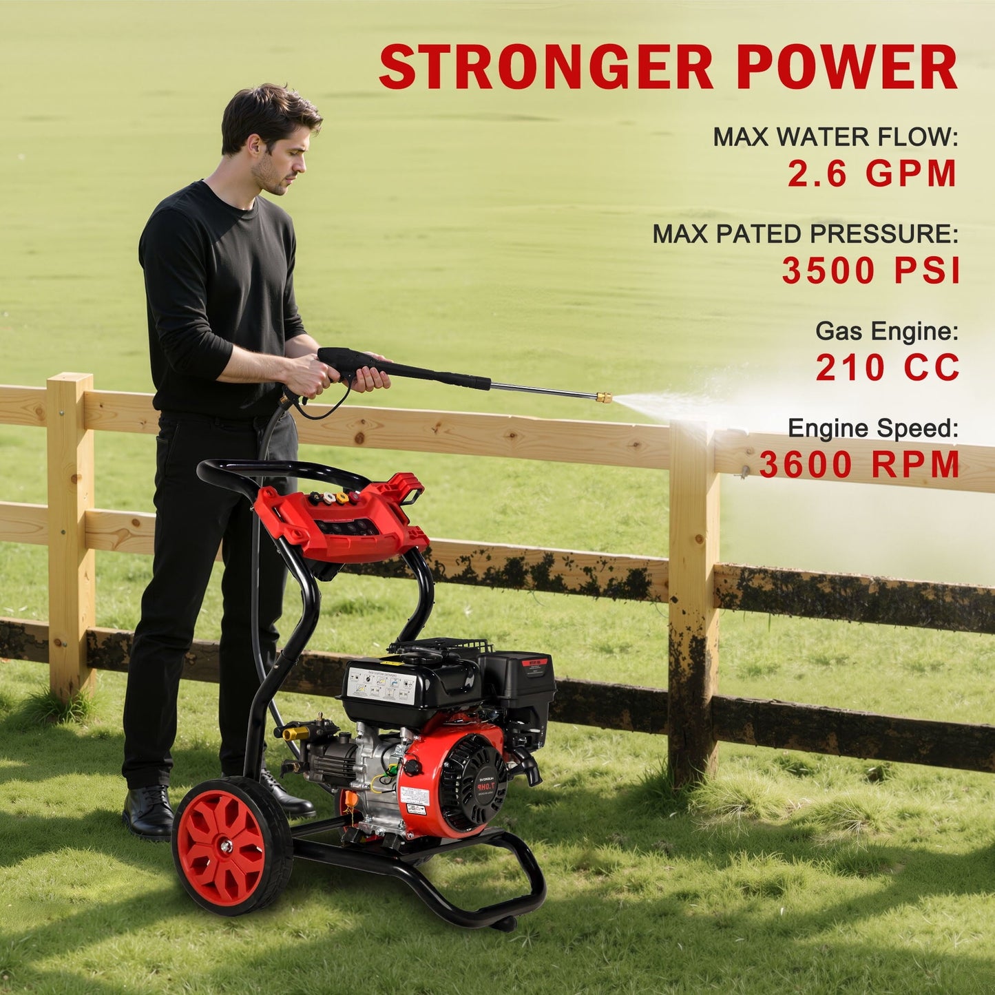 3500PSI Pressure Washer with 4 Nozzle, Portable Gas Pressure Washer for Patios, Cars, Fences, Driveways, 2.6GPM High-Power Washer with 28' High-Pressure Hose, Red & Black