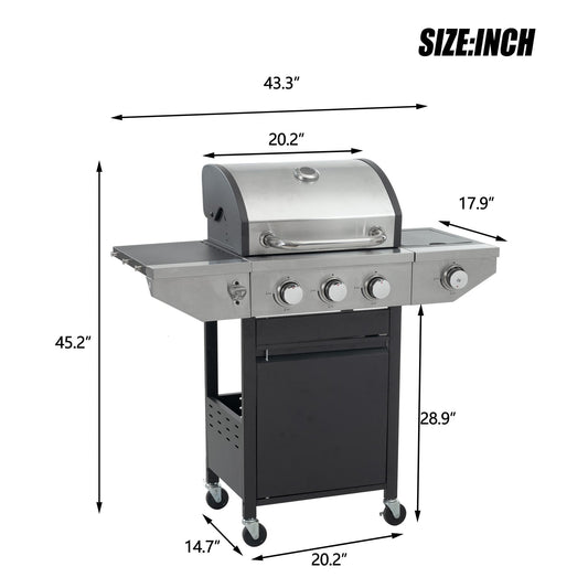 Syngar 3-Burner Propane Gas Grill, Stainless Steel BBQ Grill with Side Burner and Thermometer for Outdoor Party, Camping