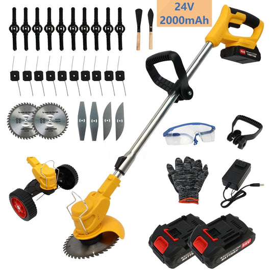 650W Weed Trimmer Cordless, 24V 2000mAh Battery Operated Weed Eater Electric Grass Trimmer with Wheels, 3 in 1 Battery Powered Weed Wacker with 3 Types Blades for Yard Garden, Yellow