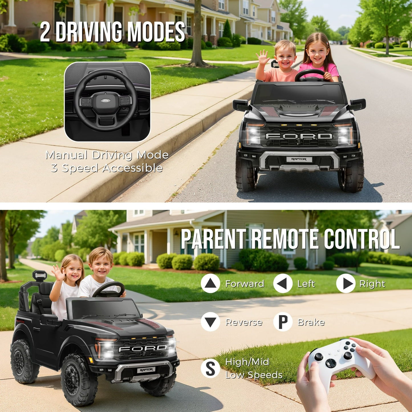 24V Ride on Toys for Big Kids, Licensed Ford F-150 Raptor 2 Seater Ride on Cars with Remote Control, Bluetooth, FM Radio, LED Lights, 4 Wheels Suspension, Kids Electric Car for Boys Girls 3-8, Black