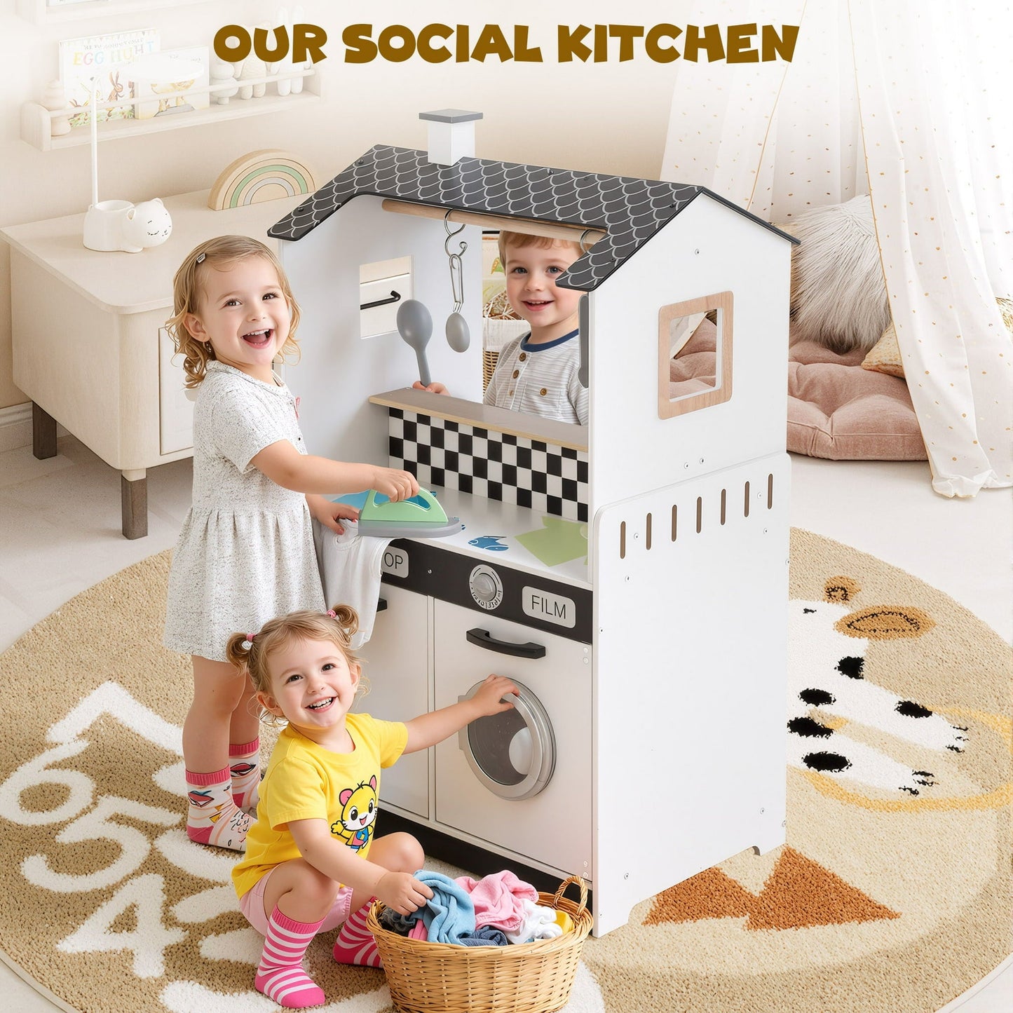COCLUB 2-in-1 Wooden Play Kitchen & Laundry Center, Kids Kitchen Playset with Realistic Accessories for Pretend Play & Fine Motor Skills, Gift for 3-5 Year Olds