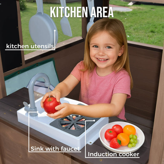 CASEMIOL Outdoor Playhouse for Kids, Wooden Playhouse Outside with Kitchen Playset, Snack Bar, Pet Access, Doorbell, Toy Phone, Large Outdoor Playset for Kids 3-6 Years, Brown+Gray