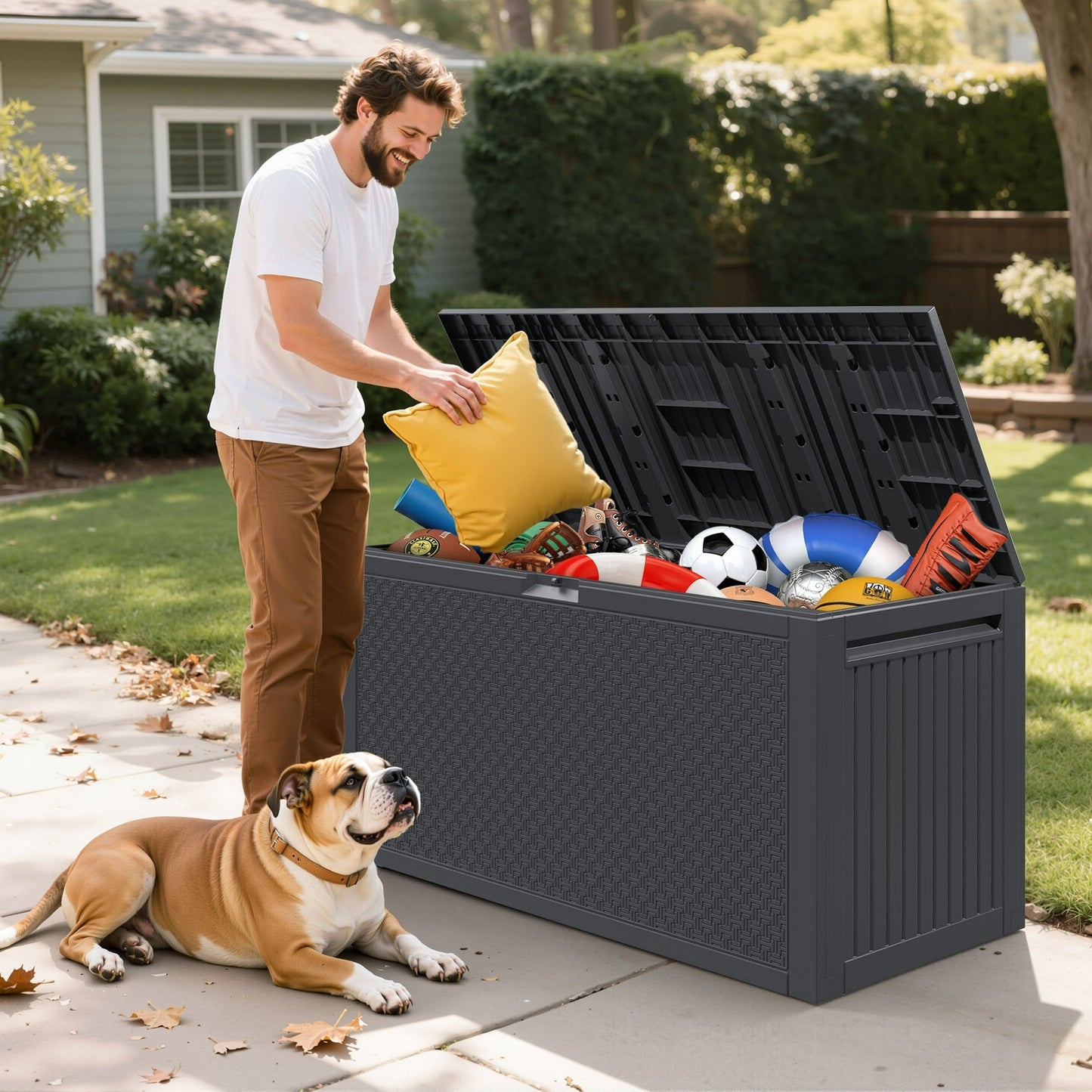 90 GALLON Deck Box, Outdoor Plastic Waterproof Storage Box Bench, Indoor Storage Bin Container for Patio Cushions, Garden Tools and Pool Toys, Gray
