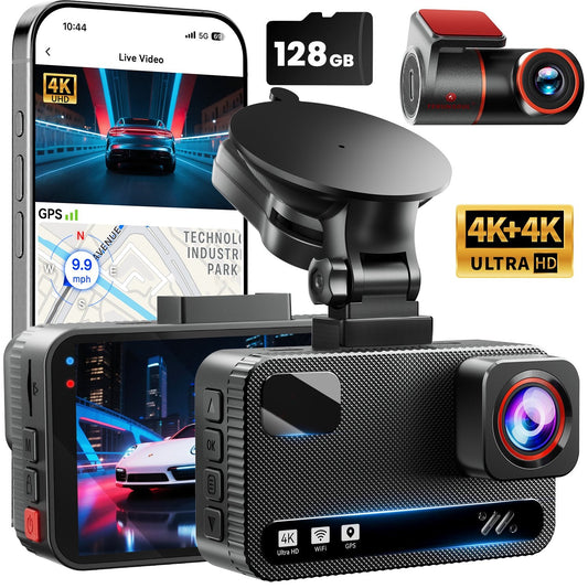 Dash Cam Front and Rear, 4K+4K Full HD Car Camera, 3" IPS Screen, 128GB Card, Built-in 5G Wi-Fi GPS, G-Sensor, Night Vision, Loop Recording, 24H Parking Mode