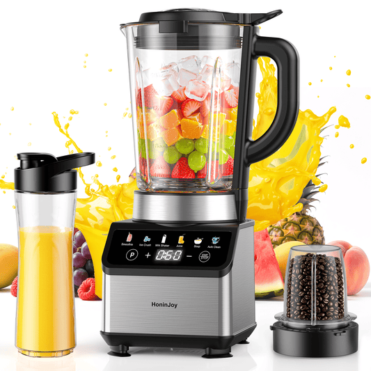 HoninJoy 3-in-1 Countertop Blender for Kitchen, 51oz. Jar 10 Speeds 6 Preset Programs, 20oz Travel Cup, Grinder Cup for Smoothies, Shake, Ice Crushing