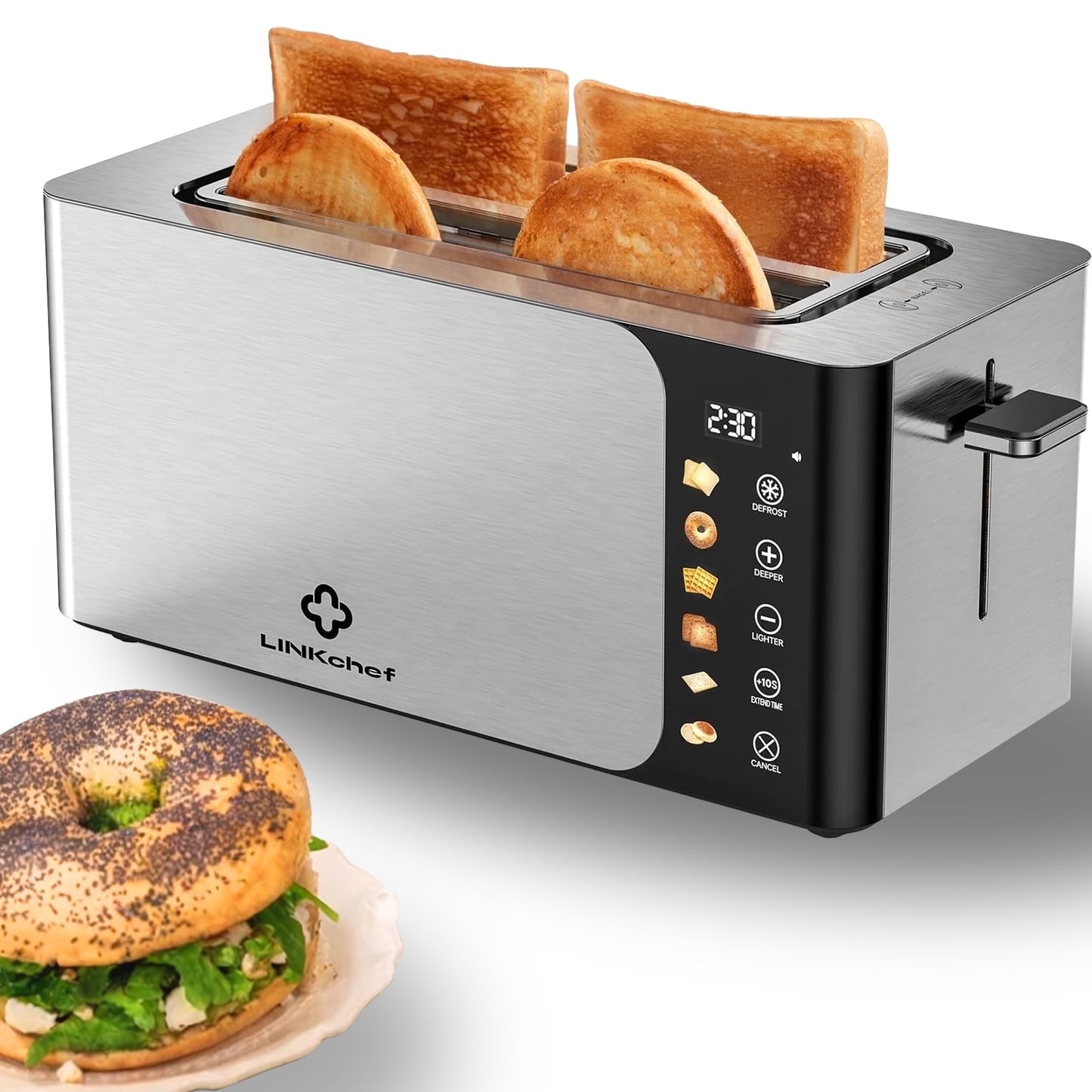 LINKChef 4-Slice Toaster – Touch Screen Control, Extra-Wide 1.5" Slots, Stainless Steel | Smart Toaster with Timer, Defrost & Reheat Functions