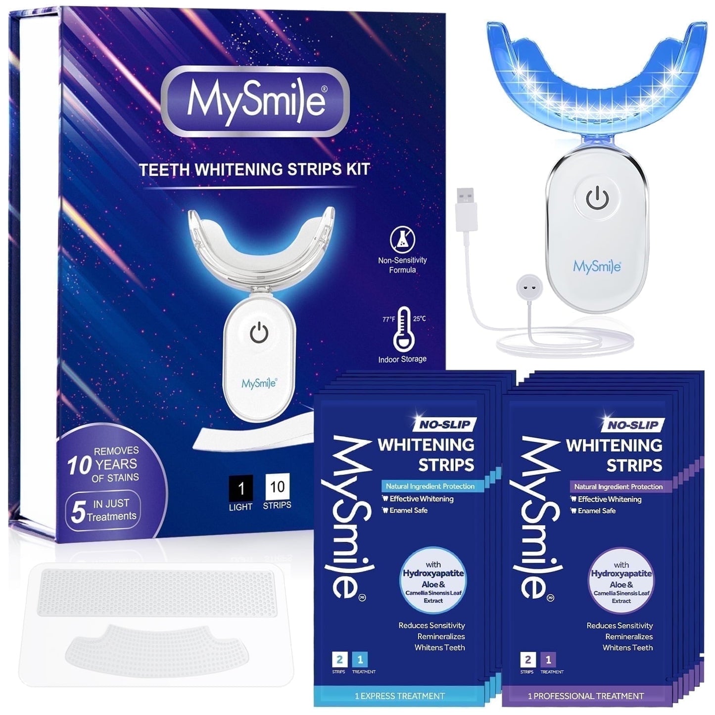 MySmile Hydroxyapatite Teeth Whitening Strips Kit with 28-LED Light, 28pcs White Strips Teeth Whitening Kit, Enamel-Safe, Residue-Free, Non-Sensitive Tooth Whitener, 14 Treatments