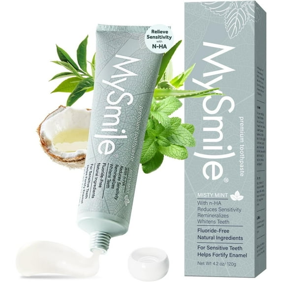 MySmile 10% Nano-Hydroxyapatite Toothpaste, Anti-Sensitivity Toothpaste, Teeth Whitening Toothpaste, Fluoride-Free, SLS Free, Helps Repair Tooth Enamel, Remineralization, 4.2oz, Natural Misty Mint