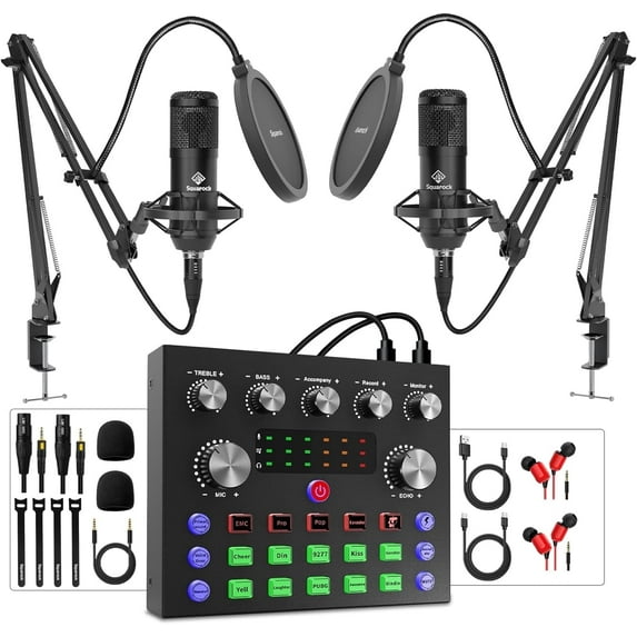 Podcast Equipment Bundle For 2, Audio Interface with Voice Changer Studio Microphone, Perfect for Live Streaming, Singing
