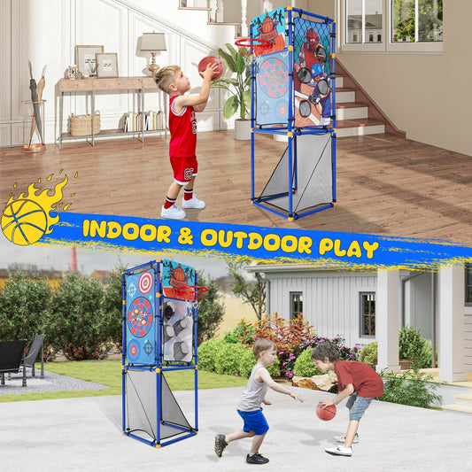Arcade Basketball Game Set for Kids, 5 in 1 Kids Sports Playset, Soccer Goal, Toss & Ball Games, Indoor Outdoor Basketball Hoop Arcade Kids Toy with Football & Hockey Sticks, Sports Toy Gift for kid