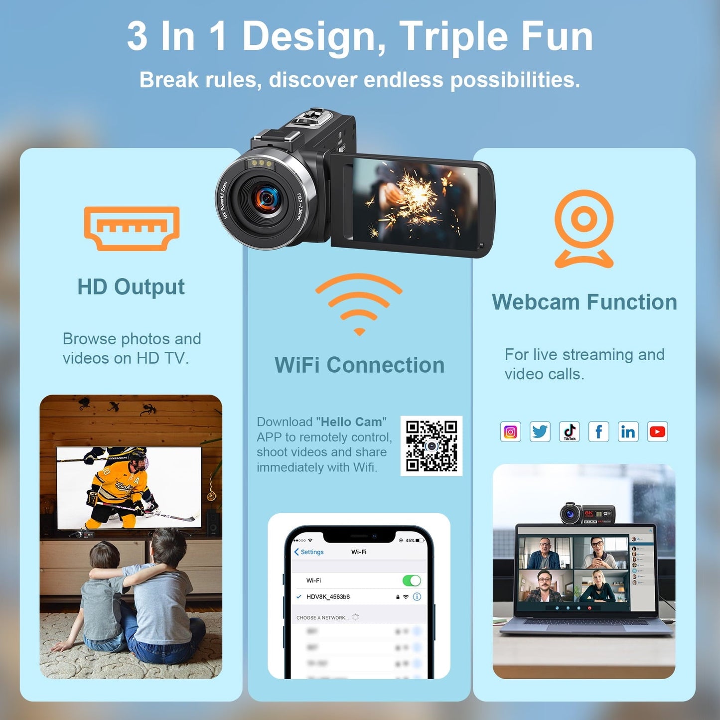 MARVUE 8K Video Camera for Youtube Camcorder 64MP Wifi Vlogging 18X Zoom IR Night Vision 3.0'' Touch Screen Digital Camera