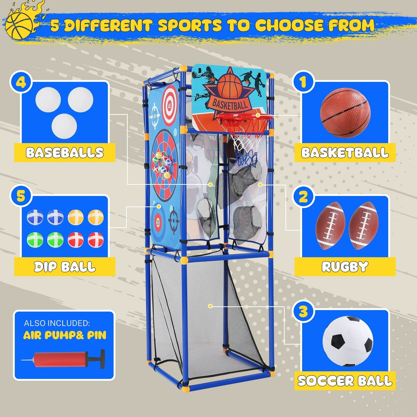 Arcade Basketball Game Set for Kids, 5 in 1 Kids Sports Playset, Soccer Goal, Toss & Ball Games, Indoor Outdoor Basketball Hoop Arcade Kids Toy with Football & Hockey Sticks, Sports Toy Gift for kid