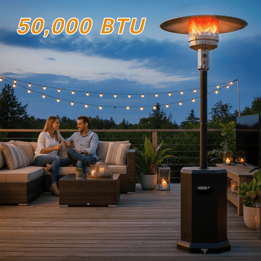 50000 BTU Propane Patio Heater with 20ft Heating Radius, Outdoor Heavy Duty Heater with Wheels & Adjustable Thermostat, Commercial & Residential Use, Freestanding Heater for Yard&Porch