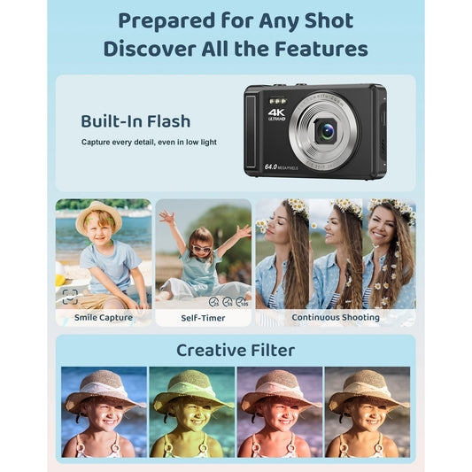 SEREE Digital Camera 4K 64MP 16X Zoom Autofocus Compact Camera with 32GB SD Card