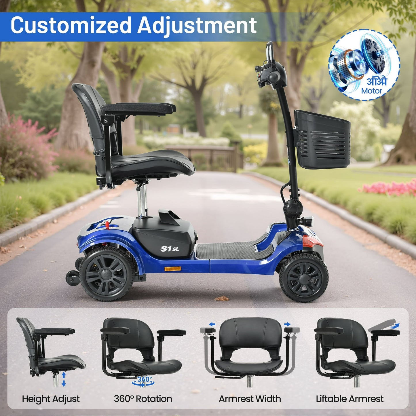 Yardmaster Foldable 4-Wheel Electric Scooter for Seniors & Adults, Lightweight Mobility Scooter with Adjustable Swivel Seat, All-Terrain Wheels, and TSA-Approved Design, Blue