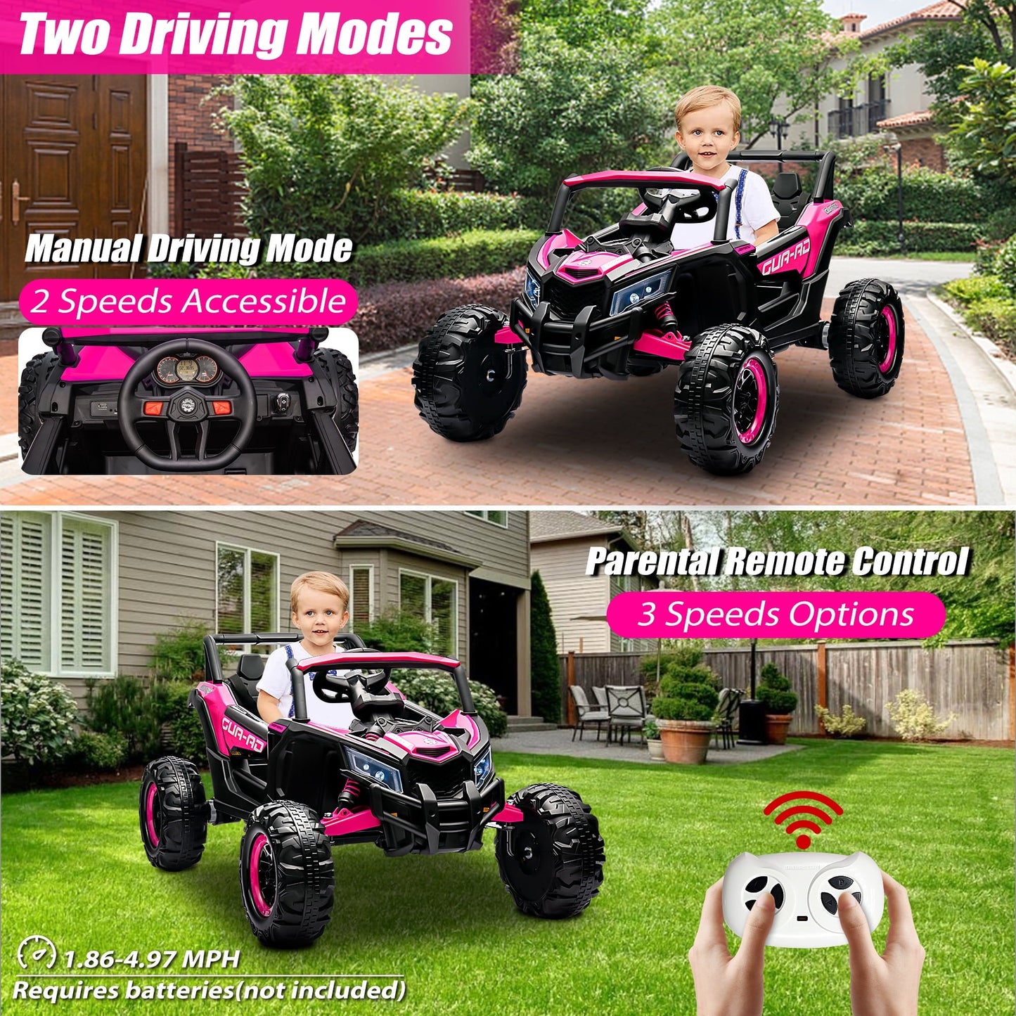 iRerts 24V Ride on UTV, Powered Ride on Cars with Remote Control, Bluetooth, Music Player, 4 Wheels Spring Suspension, LED Lights, Ride on Toys Electric Cars for Kids Girls Gifts, Pink