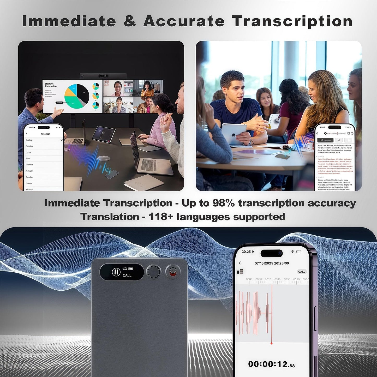 SEREE AI Voice Recorder, Real-Time Transcribe & Summarize, Noise Cancellation Technology, Ultra-Thin, Support 118 Languages, 64GB Memory APP Control Audio Recorder for Meetings, Lectures, Calls