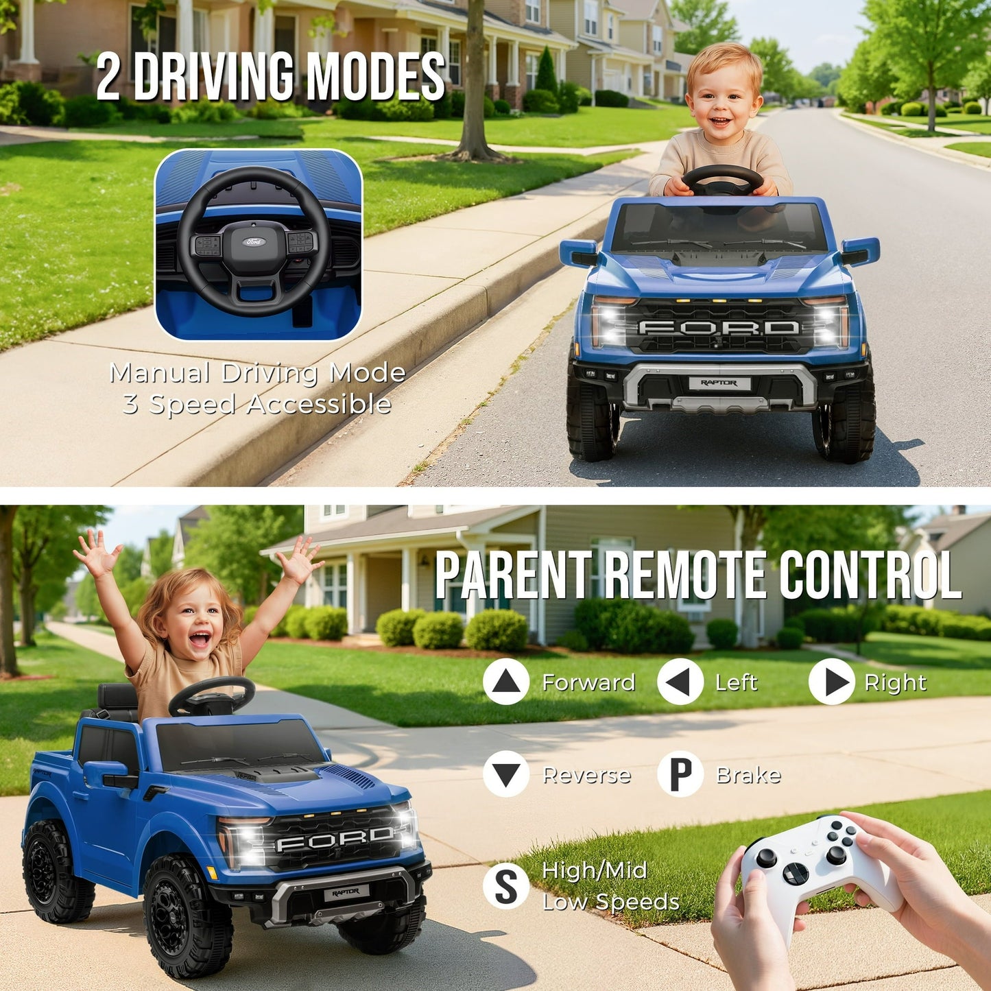 CASEMIOL 12V Kids Ride on Toys Car with Remote Control, Ford F150 Raptor Ride on Truck for Kids Ages 3-5, Toddler Electric Car w/ Bluetooth, Front & Rear Suspension, Gifts for Girl & Boy, Blue