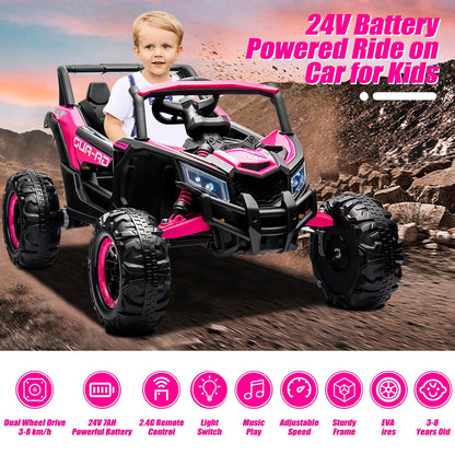 iRerts 24V Ride on UTV, Powered Ride on Cars with Remote Control, Bluetooth, Music Player, 4 Wheels Spring Suspension, LED Lights, Ride on Toys Electric Cars for Kids Girls Gifts, Pink