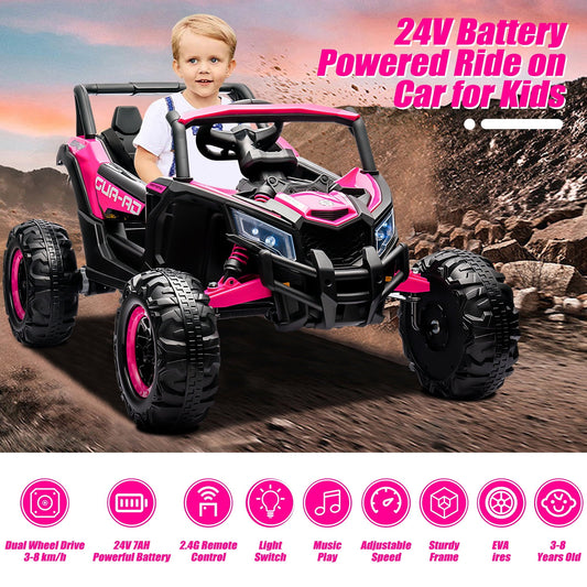 iRerts 24V Ride on UTV, Powered Ride on Cars with Remote Control, Bluetooth, Music Player, 4 Wheels Spring Suspension, LED Lights, Ride on Toys Electric Cars for Kids Girls Gifts, Pink