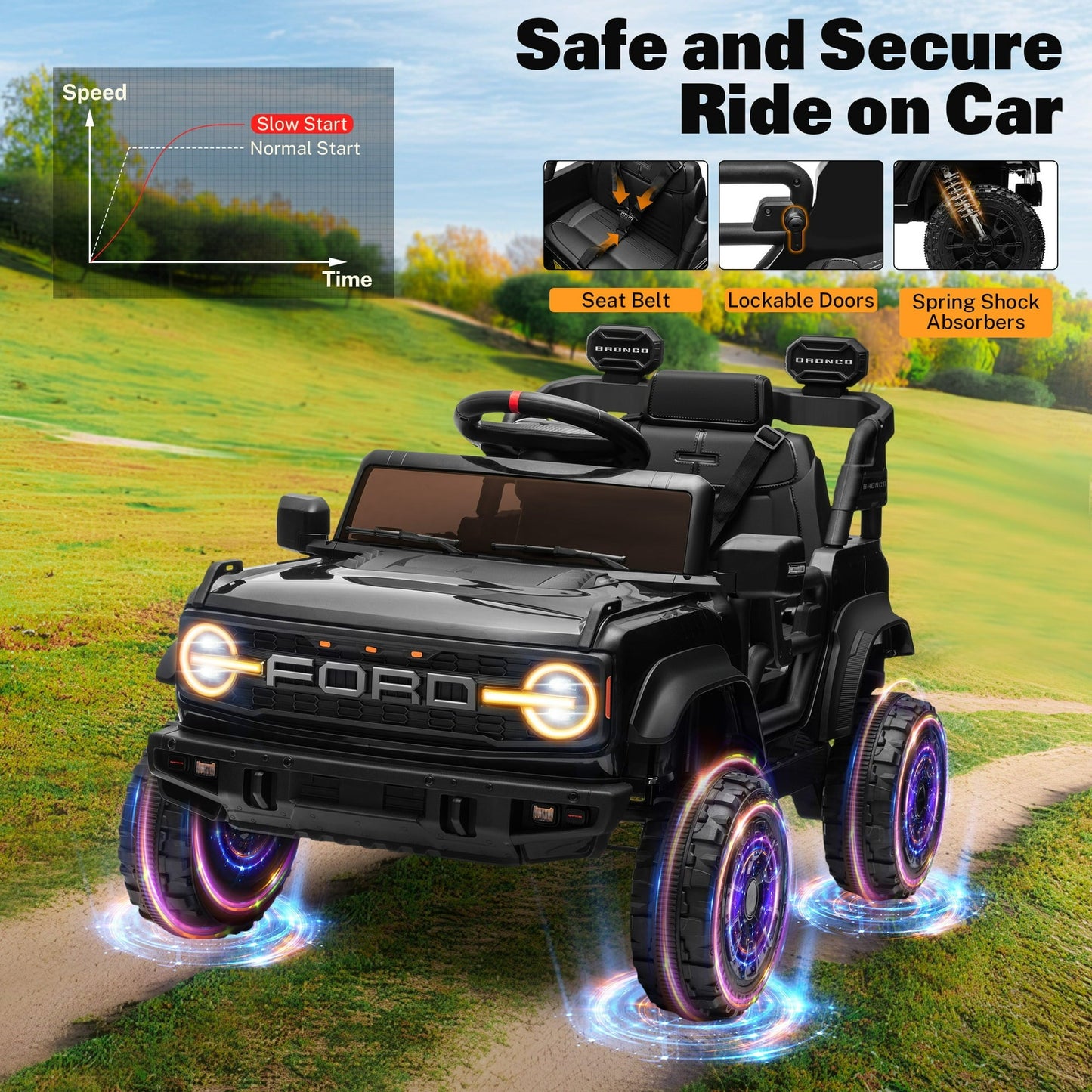 12V Ford Bronco Kids Ride on Cars with Parental Remote, Toddler Electric Ride on Toys Battery Powered with Soft Start, Kids Riding Toys with Headlights/Music/Bluetooth for Boys Girls Aged 3+, Black