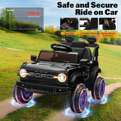 12V Ford Bronco Kids Ride on Cars with Parental Remote, Toddler Electric Ride on Toys Battery Powered with Soft Start, Kids Riding Toys with Headlights/Music/Bluetooth for Boys Girls Aged 3+, Black