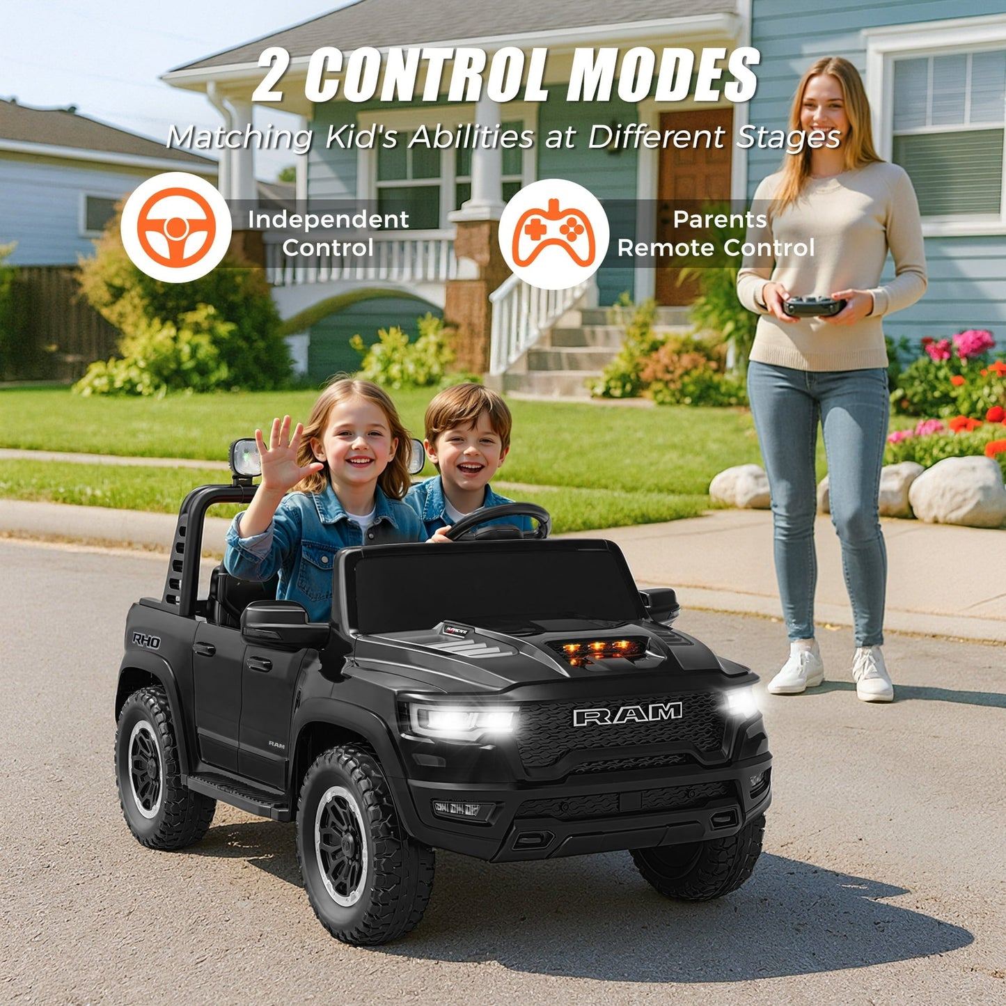 24V Ride On Car Toys with Remote Control, Licensed RAM 1500 Electric Car for Kids with 2 Seater, Power Ride On Truck with 4 Wheels Suspension, Bluetooth, MP3, Toddler Car for Boys Girls 3+, Black