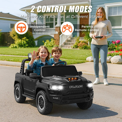 24V Ride On Car Toys with Remote Control, Licensed RAM 1500 Electric Car for Kids with 2 Seater, Power Ride On Truck with 4 Wheels Suspension, Bluetooth, MP3, Toddler Car for Boys Girls 3+, Black