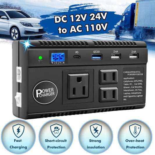 120W Power Inverter for Car Inverter 12V 24V to 110V with 2.4A 4 USB Ports 3AC Outlets [33W PD Type-C]， [18W USB-QC 3.0] for Vehicles Truck Laptop