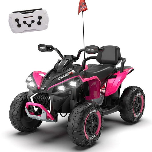 iRerts 24V Ride on ATV with Remote Control, Powered Ride on Toys Electric 4 Wheeler for Boys Girls Ages 3-12 Gifts, Kids Ride on Car Electric Vehicle with Pinktooth, Music, USB Port, LED Light, Pink