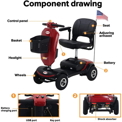 SEGMART Upgrade Mobility Scooter with Windshield, Travel Electric Wheelchair for Adults Senior, Outdoor Mobility Scooter with Cup Holders & USB Charging Port, 300 lbs, Red, SS462