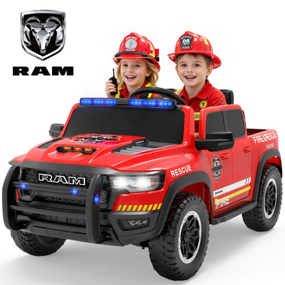 24V Kids Ride on Fire Truck, Licensed RAM 1500 2 Seater Ride on Car with Remote Control, Bluetooth, LED Lights, Trunk Storage, 4 Wheel Suspension, Ride on Toys for Big Kids Boys Girls Ages 3-8, Red