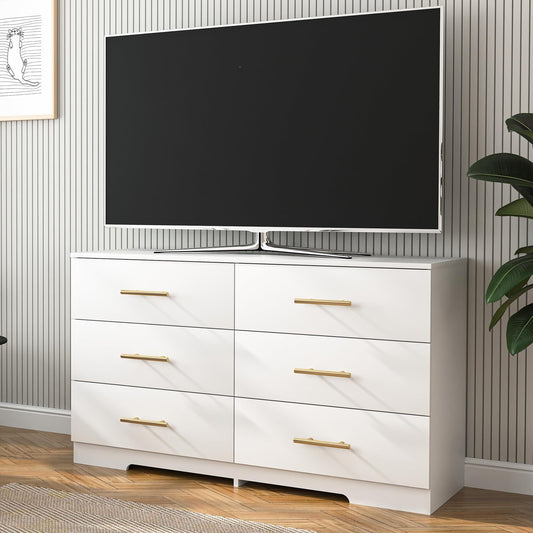 White 6 Drawer Dresser Organizer for Bedroom, Wood Large Storage Drawers, Modern Wide Chest of Drawers with Golden Handle for Living Room Entry Hallway Furniture