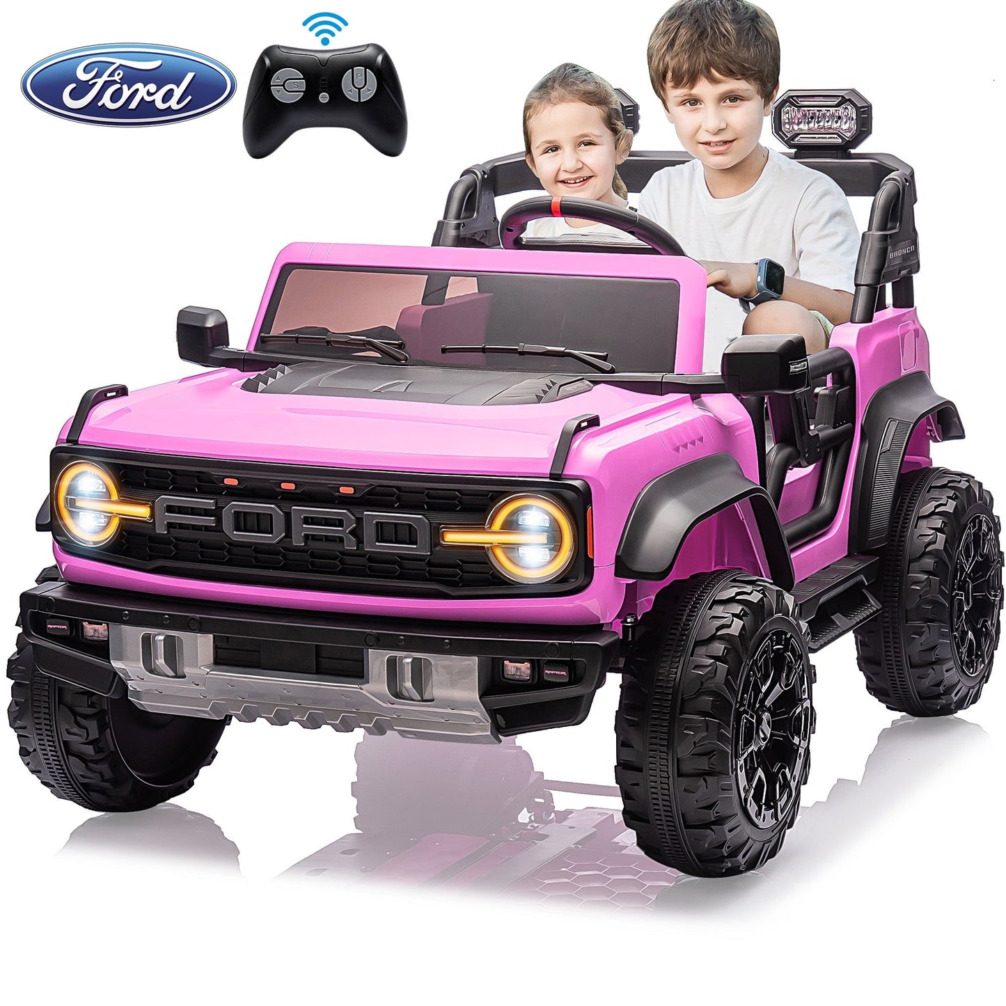 24V 2 Seater Ride on Toy Car, Licensed Ford Bronco Raptor Ride on Trucks with Remote Control, Bluetooth Music Player, Spring Suspension, 24v Ride on Toys for Big Kids Boys Girls Ages 3-8, Pink