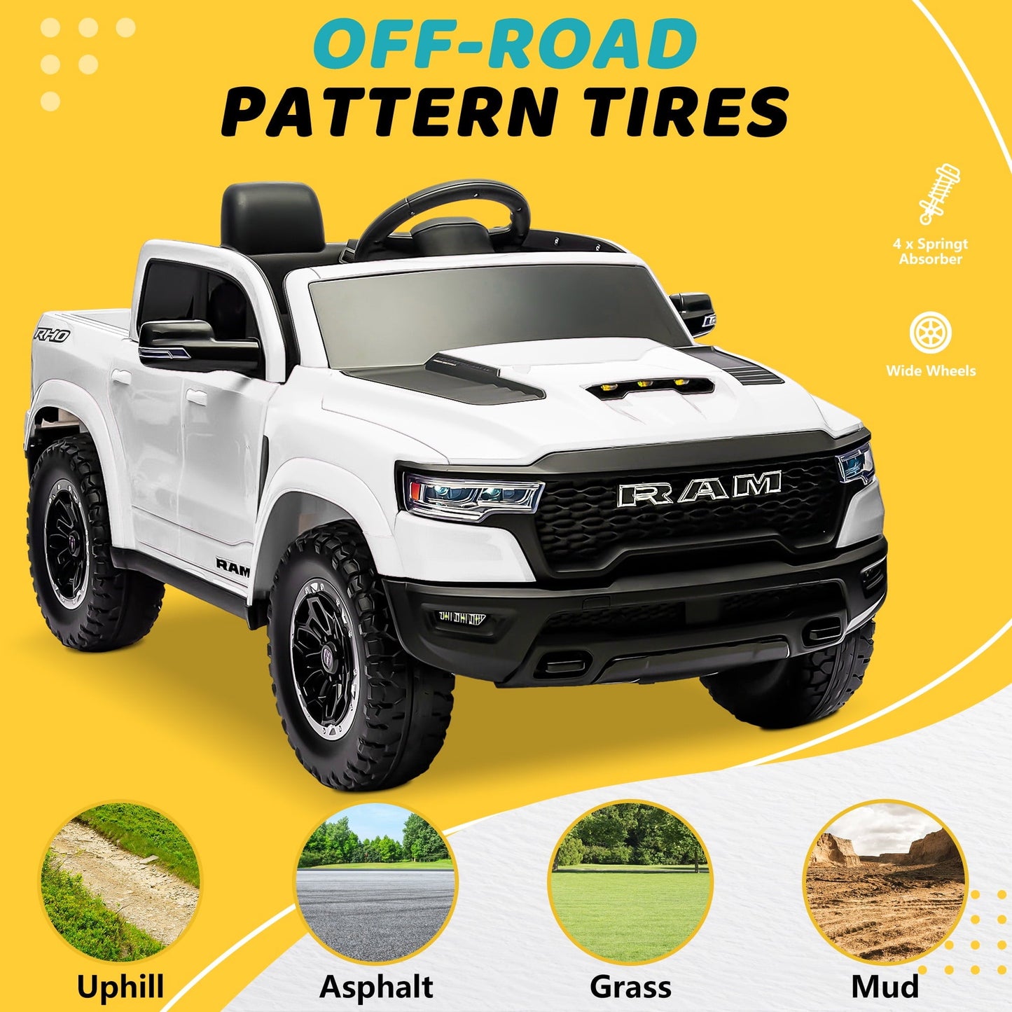 RAM 1500 Ride on Truck Cars, 12V Powered Ride on Toys with Remote Control, 4 Wheel Suspension Electric Cars for 3-5 Yrs Boy Girl W/Key Switch, Safety Belt, Music, Bluetooth, LED Lights, White