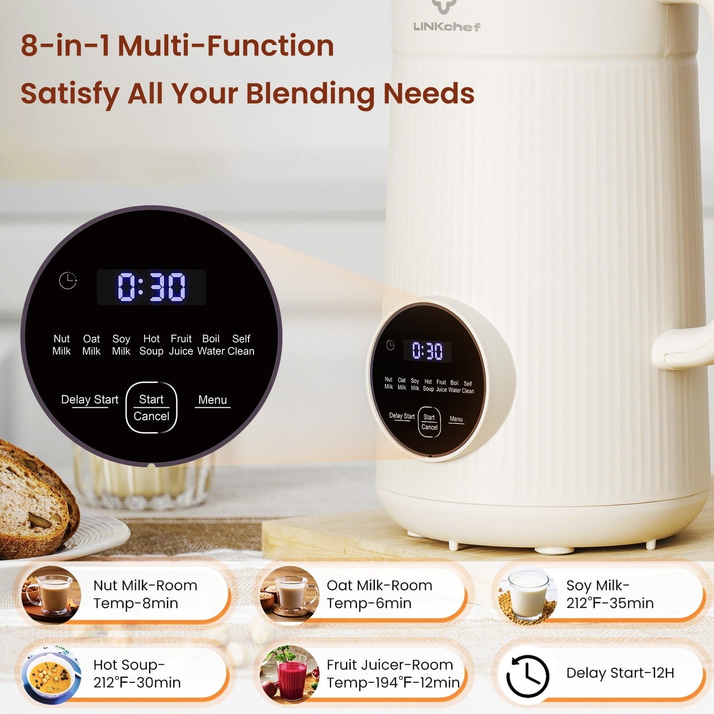 LINKChef 40oz Nut Milk Maker Machine, Soy, Oat, Almond, Plant Based Milks and Hot Soup Maker with Delay Start