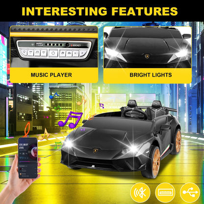 Lamborghini Huracan 24V Powered Ride on Car 2 Seat, 4WD Electric Cars for Kids with Remote Control, Suspension, LED Light, Music, Bluetooth, Children Ride on Toy for 3-8 Years Boys Girls, Black