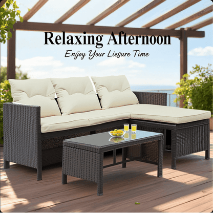 3 PCS Patio Sectional Sofa Conversation Set, All Weather Rattan Patio Furniture Set, Brown Outdoor Chaise Lounge Set with Cushion and Table, Deck Backyard Porch Furniture