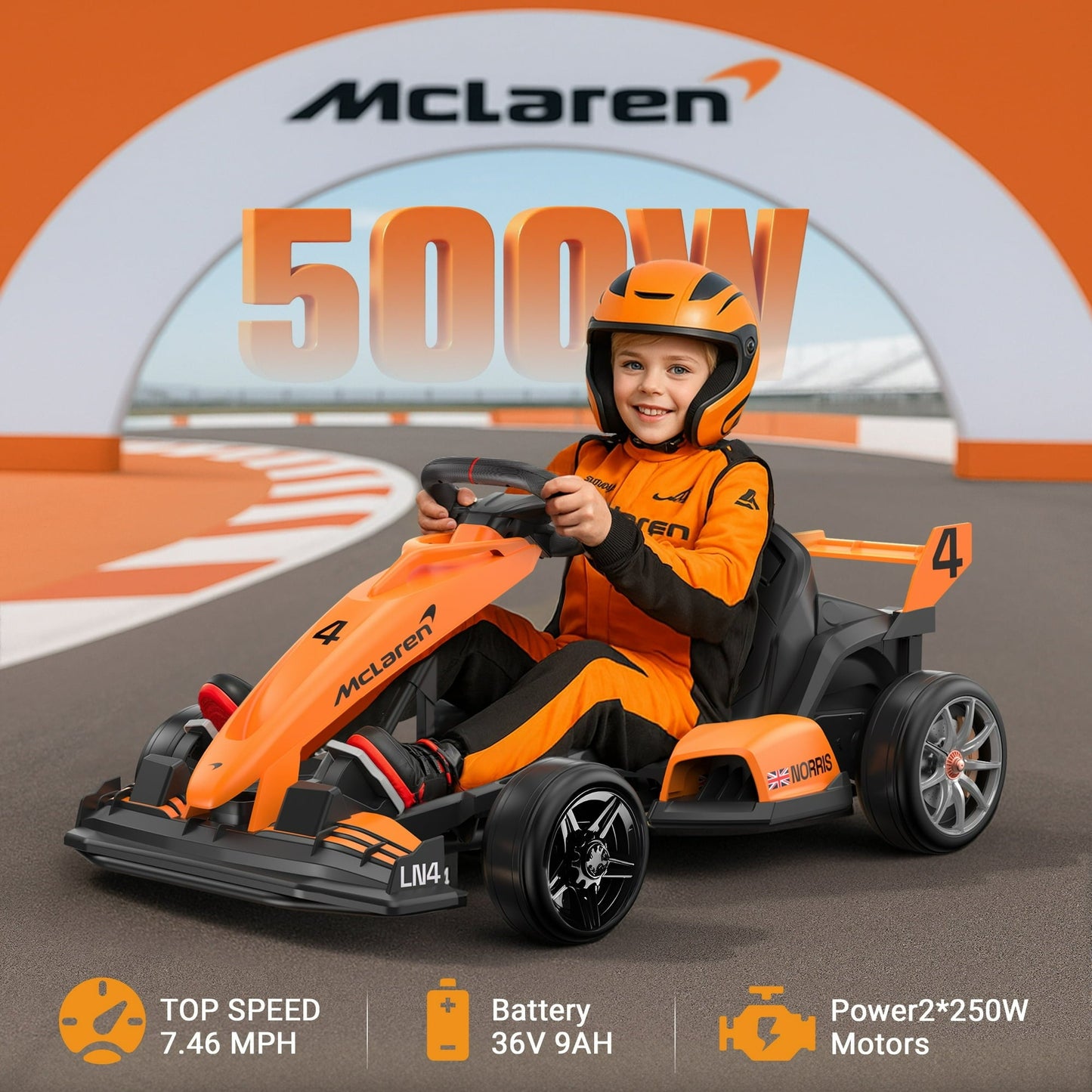 McLaren 36 Kids Electric Go Kart, 36V Powered Drift Racing Ride On Car Toy, 600W Dual Motor, 3-Level Adjustable Seat, Rear-Wheel Drive, 360° Spin Pedal Go Kart for Boys Girls Ages 6+