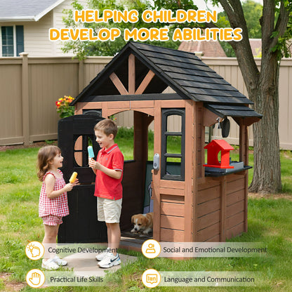 COCLUB Kids Outdoor Playhouse, Wooden Playhouse with Play Kitchen, Working Doorbell, Bird Cage, Pet Door, Backyard Casa de CampañA Para NiñOs Country Style
