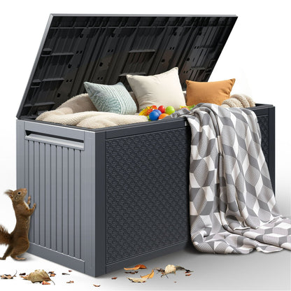 90 GALLON Deck Box, Outdoor Plastic Waterproof Storage Box Bench, Indoor Storage Bin Container for Patio Cushions, Garden Tools and Pool Toys, Gray