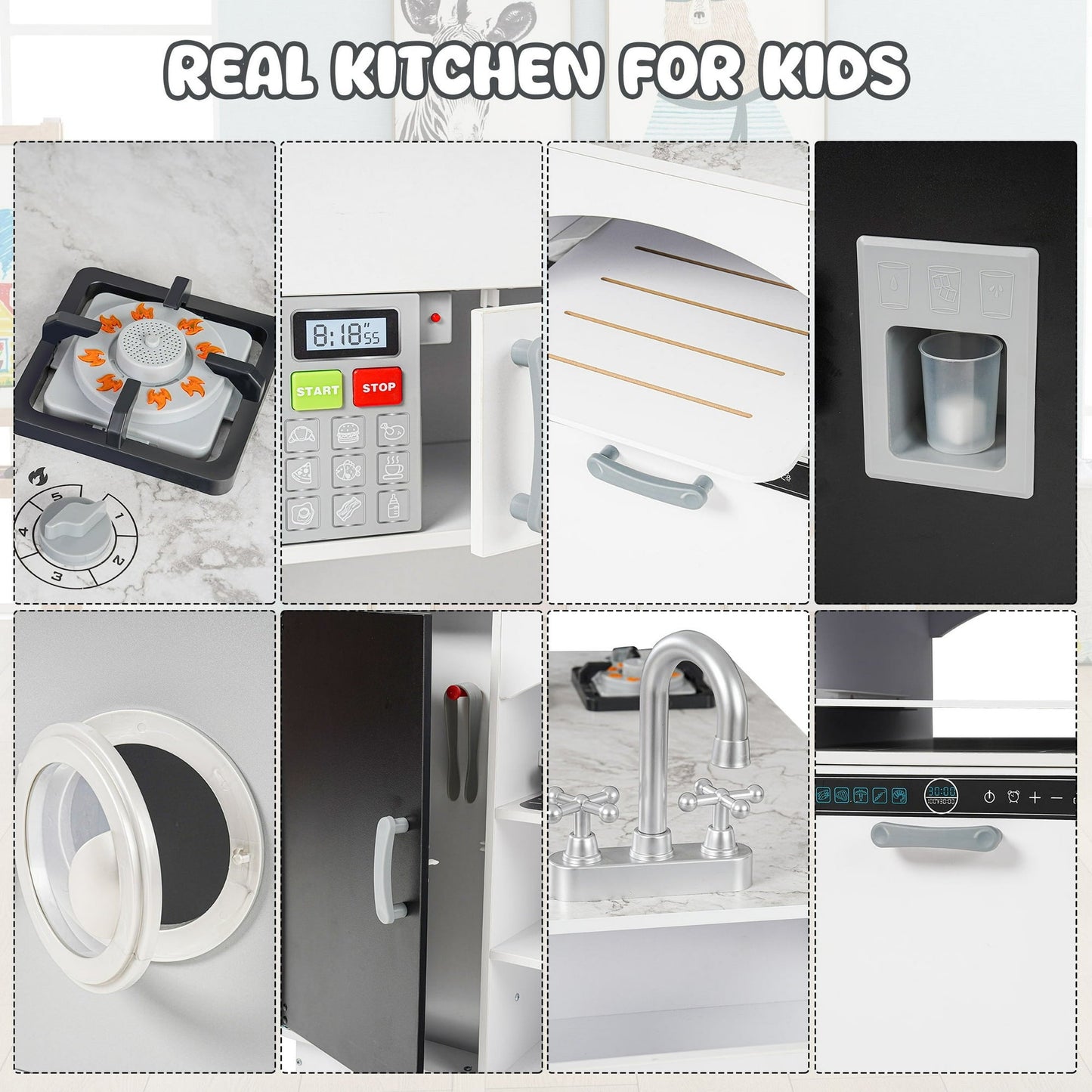 COCLUB Modern Wooden Play Kitchen Island for Kids, Pretend Play Center w/ Electronic Light & Sound Effects, Kids Kitchen Playset | Microwave, Washer, Ice Maker, Chalkboard & Accessories Included