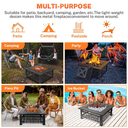 32" Fire Pits for Outside, SYNGAR Wood Burning Bonfire Fire Pit Table with Mesh Lid, Grate, BBQ Grill and Poker, Outdoor Metal Square Fire Pit for BBQ, Camping, Picnics, Backyard